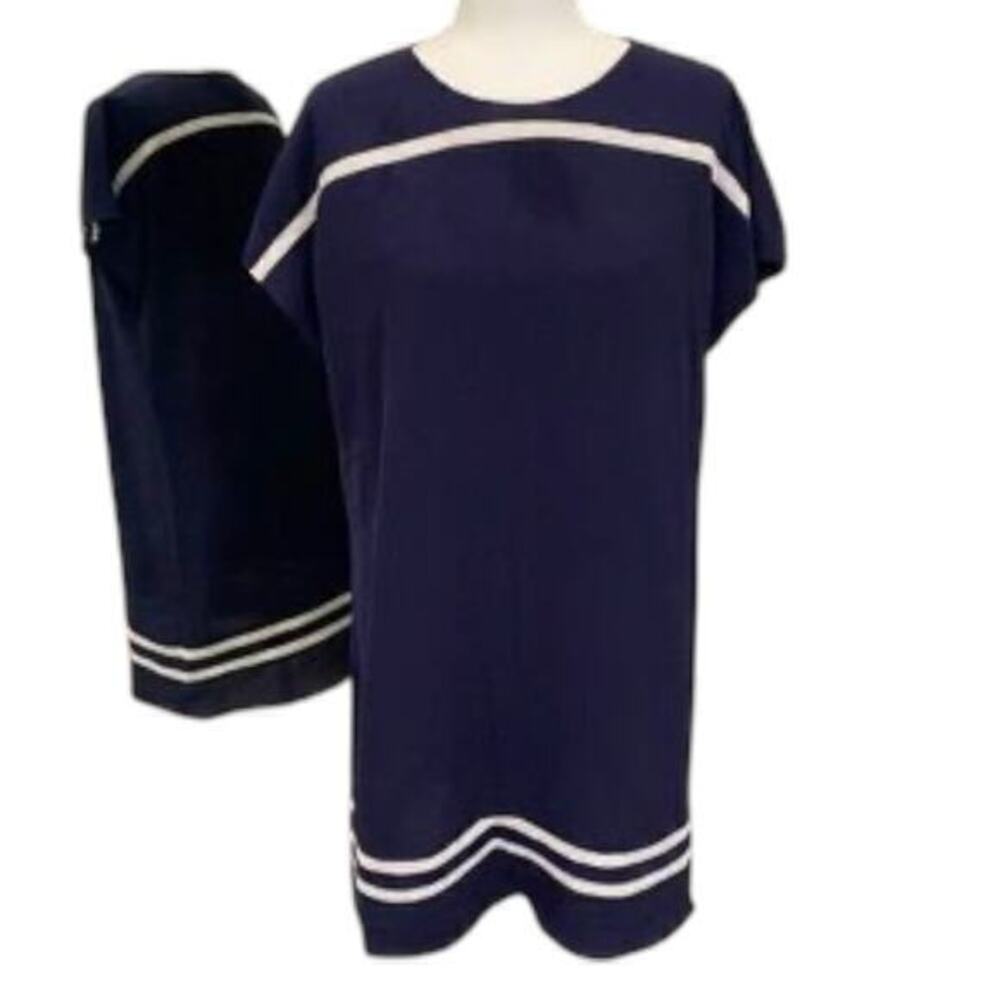 Erin Featherstone Women’s Size 12 Navy Blue Ivory Trim Short Sleeve Shift Dress